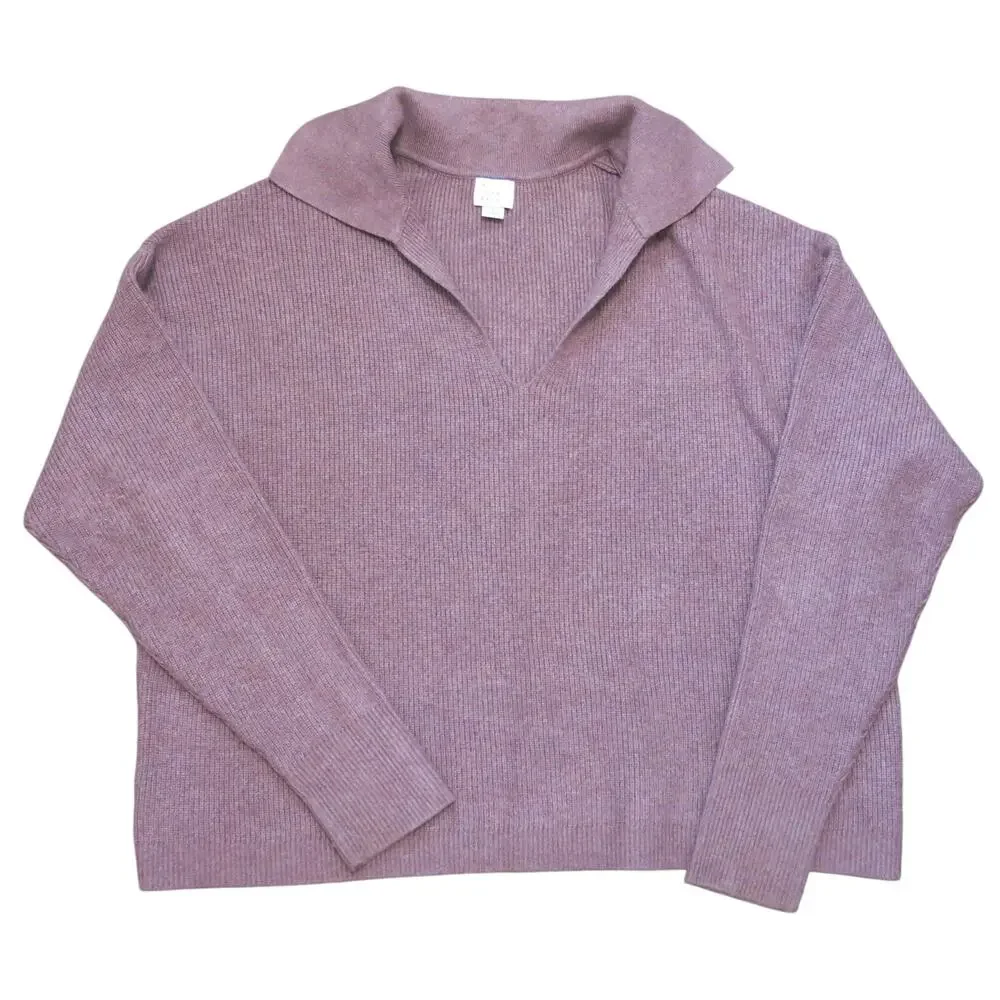 A New Day Ribbed Knit Oversized Crop Sweater Size L Women V Neck Soft Purple